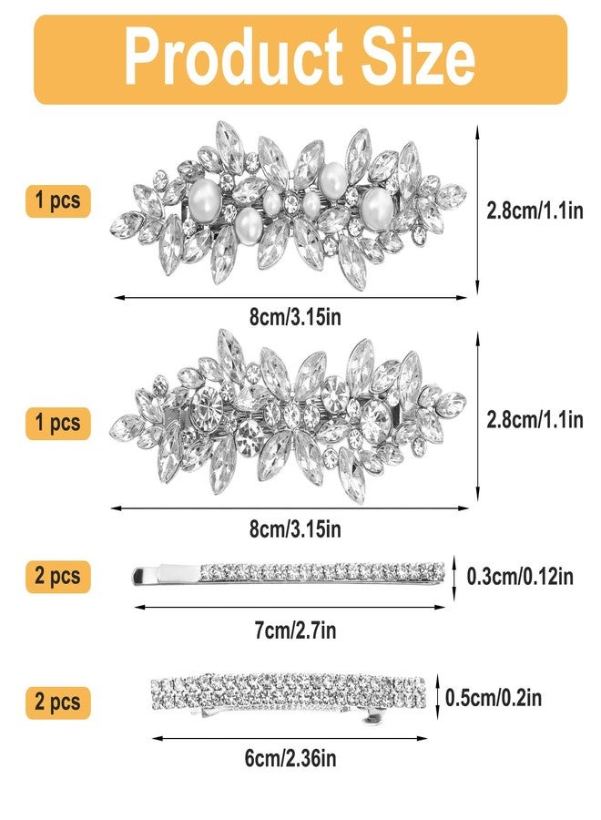 Matwsec 6 Pcs Silver Rhinestone Hair Clips, Sparkly Fancy Hair Clips for Women, Crystal Wedding Hair Accessories Metal Flower Hair Barrettes for Wedding, Bride, Long Hair - Image 2